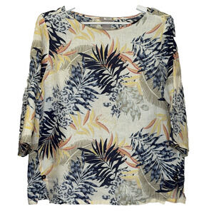 Chico's Pullover Top Womens Sz 2 US 12/14 Tropical Print 100% Linen 3/4 Sleeve